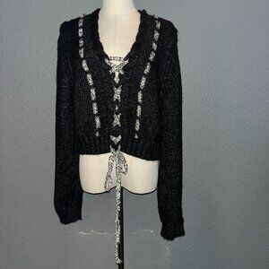 POL Black & Cream Woven Cable Knit Gold Metallic Tweed Lace Up Cropped Sweater M